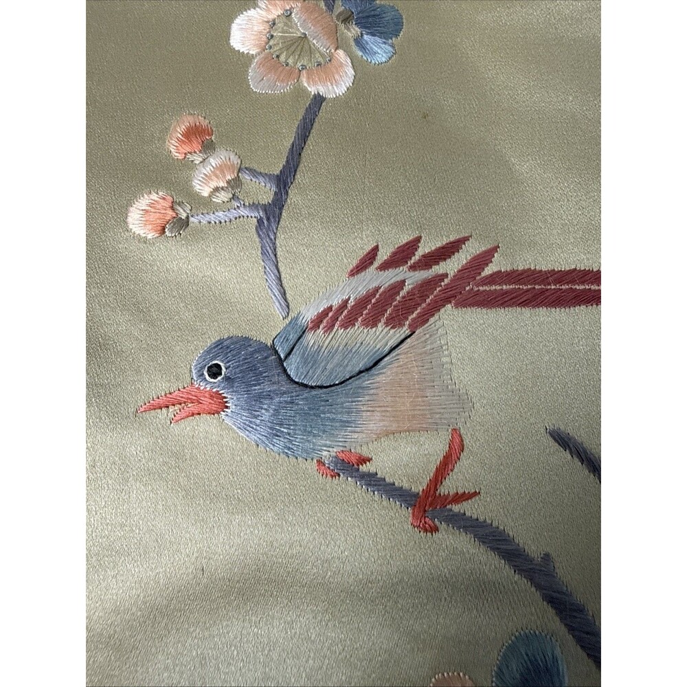 Vintage Asian Silk Hand Embroidered Tapestry Floral Bird Design 13”x26” - Picture 7 of 16